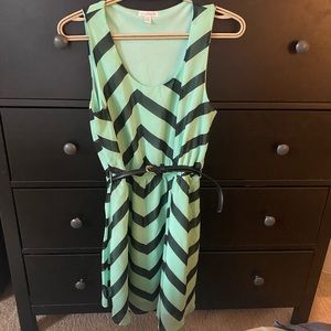 Teal and navy chevron pattern mini flare dress with black belt and gold buckle